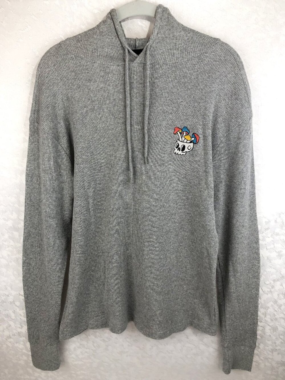 Eighty Eight Brand Gray Skull Mushroom Hoodie Waffle Knit Lightweight Pullover
